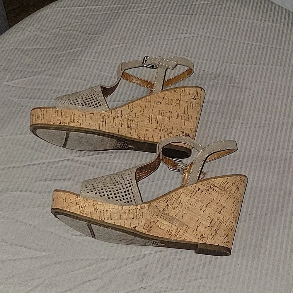 FRANCO SARTO Clinton2 cork wedges taupe faux‎ suede open toe sandals 7 Summer